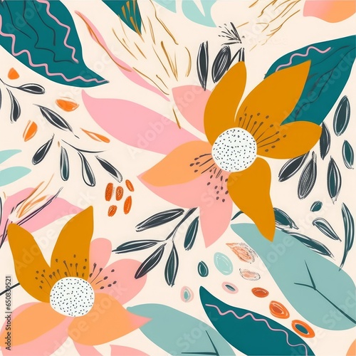 Hand drawn naive abstract flowers and leaves print. Cute collage pattern. Fashionable template for design, Generative AI 