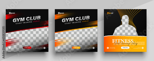 Gym and fitness social media post banner template with black red and yellow color, Sports and Fitness social media post banner set