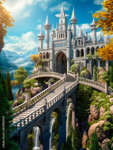 Fantasy castle with a bridge on top of a mountain with waterfalls.  Illustration created with generative ai technology.