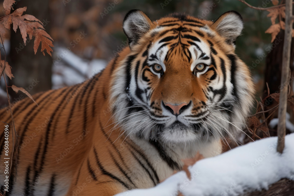 Naklejka premium Beautiful Amur tiger on snow. Tiger in winter forest. Critical endangered animals. Amur Siberian tiger is population in the Far East, particularly the Russian Far East and Northeast China