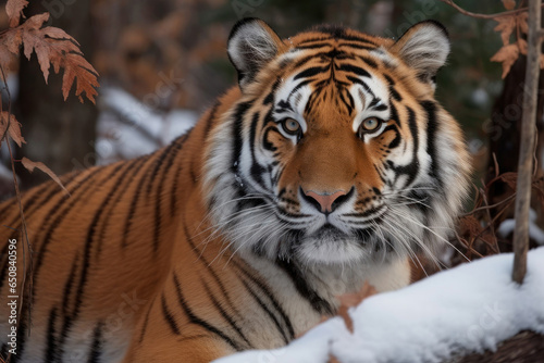 Beautiful Amur tiger on snow. Tiger in winter forest. Critical endangered animals. Amur Siberian tiger is population in the Far East  particularly the Russian Far East and Northeast China