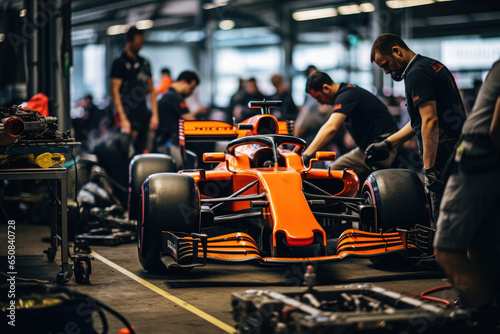 Formula 1 car in the pit lane surrounded by mechanics and engineers © thejokercze