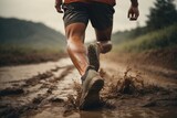 close up walking in the mud.  Overcoming obstacles, reacting to defeats.  Never give up.  Get out of the mud. AI generative. 