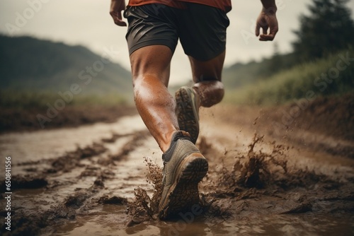 close up walking in the mud.  Overcoming obstacles, reacting to defeats.  Never give up.  Get out of the mud. AI generative. 