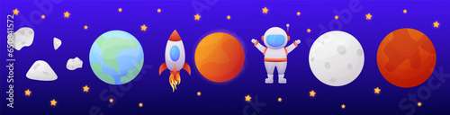 Cartoon planets, astronaut, rocket, stars, meteorites on the cosmic background. Vector cartoon set.