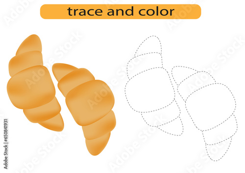 Tracing lines for children development, bright croissant French pastry, handwriting practice for children, vector