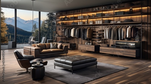 A modern minimalist men's walk-in wardrobe is equipped with clothes hanging on rods, shelves, and drawers, offering ample storage for organizing accessories It exemplifies the interior design © Newton