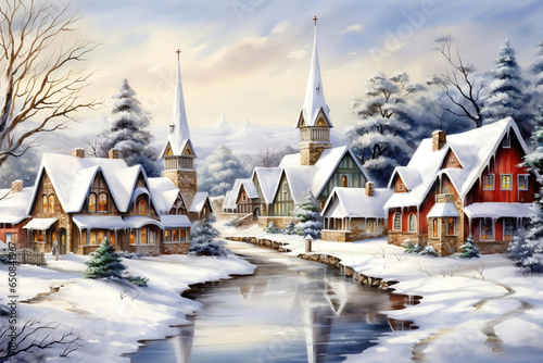 Beautiful village in winter, rural landscape, watercolor illustration generative AI © emilio100