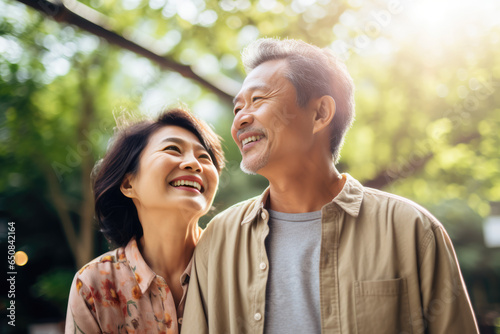 Happy smiling asian mature senior couple posing together	