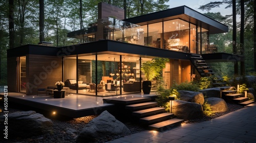 A modern small minimalist cubic house with big windows, a terrace, and landscaping design in the front yard blends harmoniously with its forest surroundings in the residential architecture exterior
