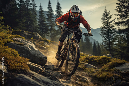 Cyclist Riding the Bike Down the Rock at Sunrise in the Beautiful Mountains on the Background. Extreme Sport and Enduro Biking Concept. © Tjeerd