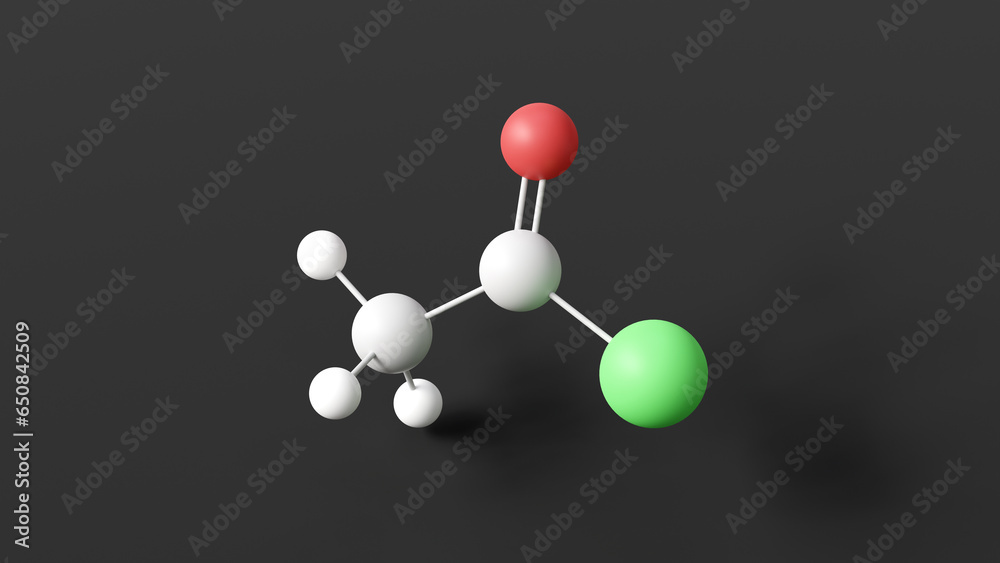 acetyl chloride molecule, molecular structure, acyl chloride, ball and stick 3d model, structural chemical formula with colored atoms acetyl chloride molecule, molecular structure, acyl chloride, ball and stick 3d model, structural chemical formula with colored atoms