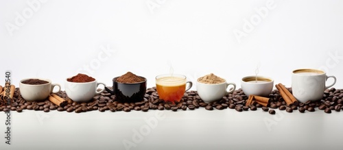 Various coffee types and ingredients on white background with space for text