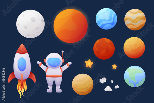 Cartoon planets, astronaut, rocket, stars, meteorites on blue background. set Vector cartoon.
