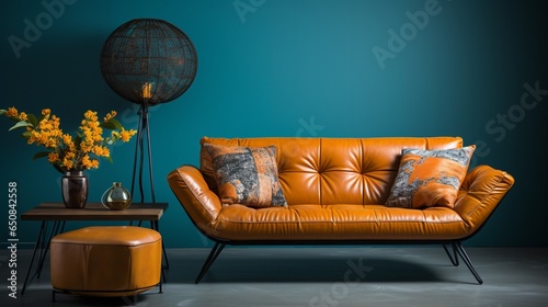 A patchwork orange and brown leather sofa is set against a turquoise blank wall with plenty of copy space in the minimalist home interior design of the modern living room