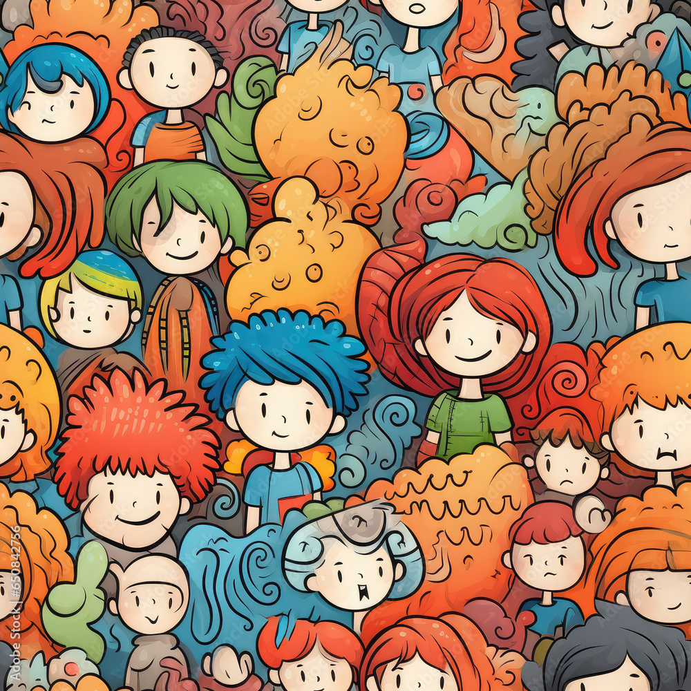 Children colorful repeat pattern, kids cartoon collage Children colorful repeat pattern, kids cartoon collage
