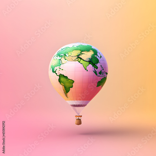 Fusion of hot balloon and earth on the pastel pink and yellow background. Abstract lifestyle artwork