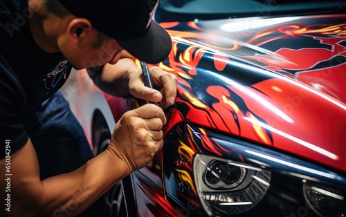 An airbrush artist drawing a draw on a car. Generative AI