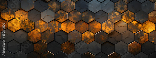 modern mosaic wallpaper black gold hexagon pattern, in the style of rusty debris, lightbox, detailed skies, dark gray and orange, technological design, shaped canvas, aluminum