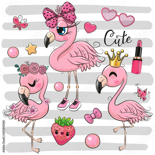 Three cute cartoon flamingos on a striped background