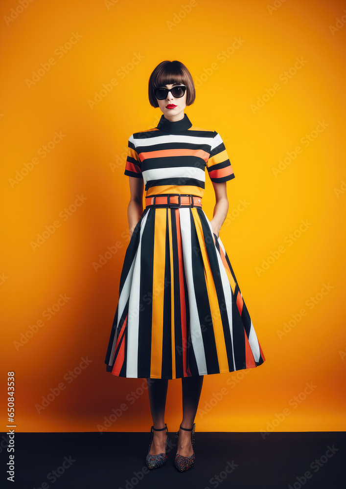 Generative AI, woman in a mods style dress, modernism in fashion, beautiful model in a retro outfit, vintage, 50s, 60s, geometric patterns, bright background, trendy clothing collection, show, skirt