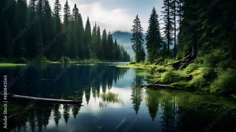 Tranquil Lake Surrounded by Lush Greenery