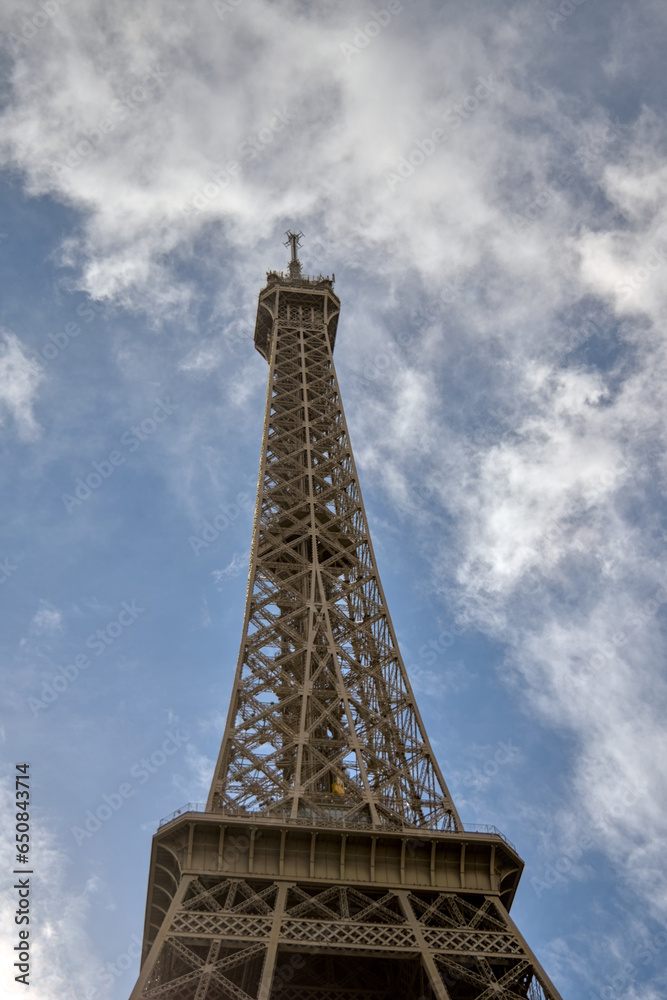 Paris, France - April 3 2019: View on Eiffel Tower in Paris from below