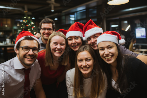 Office christmas party, people wearing santa hats and having fun