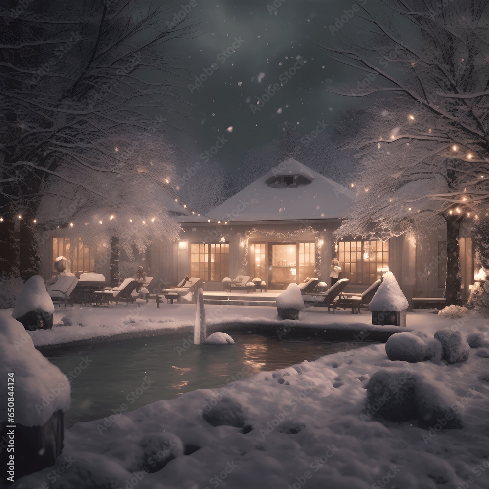 Snowy Spa Retreat: Serene spa settings with guests enjoying massages, hot tubs, and wellness treatments amidst a snowy backdrop. AI Generated