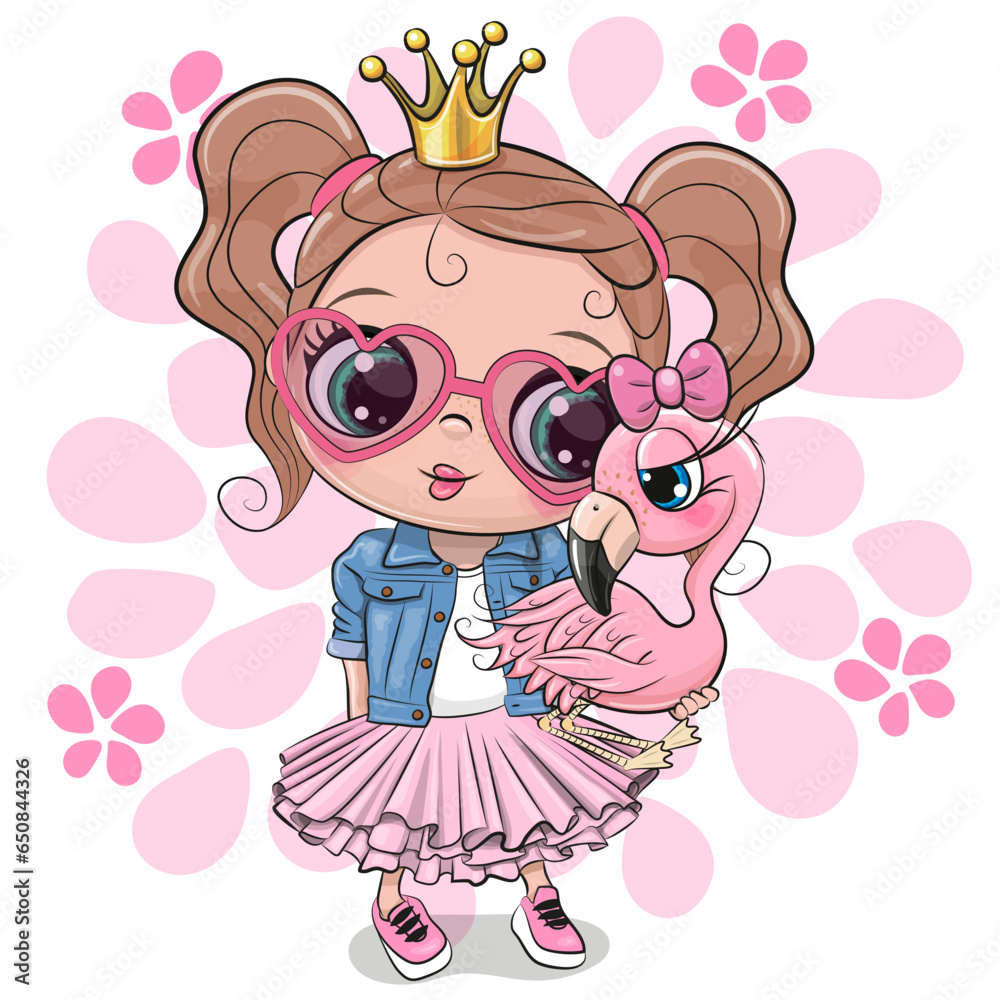 Princess in a denim jacket holding a flamingo in her hands