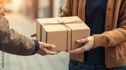 Woman receiving parcel box from delivery man at home