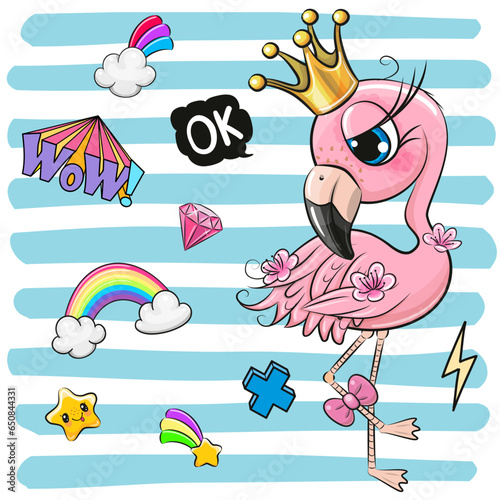 Flamingo with crown on a striped background