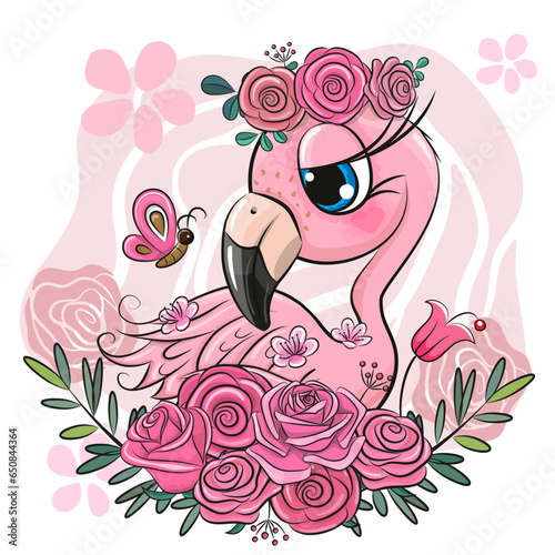 Cartoon Flamingo with flowers on a pink background