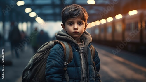 Isolated sad refugee elementray school boy with big backpack and in warm jacket at railway station waiting for his parents ready for forced relocation in immigration photo