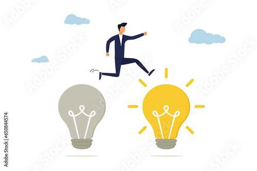 Business transformation concept. Moving to a better innovative company, adapting to a new concept, Businessman jumping from old to new shiny light bulb idea. Illustration