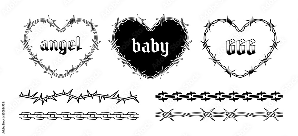 Y2k Tattoo hearts design in 2000s style. Trendy emo gotich style tattoo collection of angel, barbed wire heart. Barbed wire frame. Chain frame pattern. 666 dark style vector print design - obrazy, fototapety, plakaty 