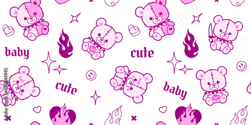 Y2k Emo Goth semless pattern. Kawaii teddy bear with flame heart. Tattoo art bear toy with knife and fire in gothic y2k 2000s style. Vector pink Emo toy background for print fabric design