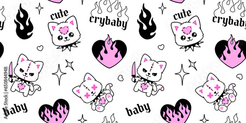 Y2k Emo Goth semless pattern. Kawaii teddy kat with flame heart. Tattoo art kitten toy with knife and fire in gothic y2k 2000s style. Vector pink and black Emo toy background for print fabric design