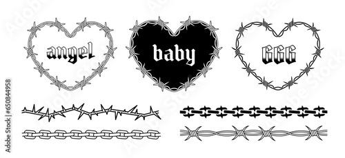 Y2k Tattoo hearts design in 2000s style. Trendy emo gotich style tattoo collection of angel, barbed wire heart. Barbed wire frame. Chain frame pattern. 666 dark style vector print design photo