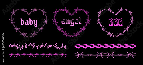 Y2k Pink Tattoo hearts design in 2000s style. Trendy emo gotich style tattoo collection of angel, barbed wire heart. Barbed wire frame. Chain frame pattern. 666 dark style vector print design photo