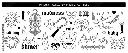 Y2k Criminal Tattoo Art design in 2000s style set 2. Y2k tattoo stickers. Knife, Balaclava mask, Sinner inscription, Butterfly, Flame, Mask, Teddy Bear, Fire, barbed wire. Vector Line art tattoo 