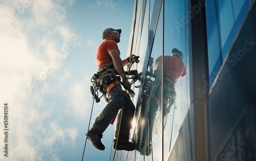 An industrial climber washing the windows of a skyscraper. Generative AI