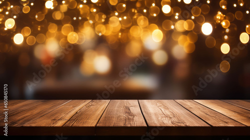 Wooden Table Elegance, Golden Bokeh in Restaurant Space