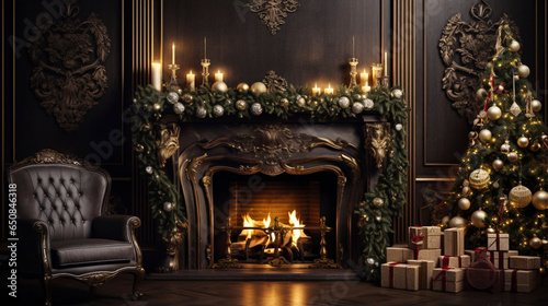 stockphoto, christmas evening, interior of decorated room and fireplace for the holiday. Cosy Christmas interior, view on a christmas fire place. Christmas decorations and a beautiful christmas tree.