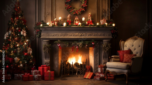stockphoto, christmas evening, interior of decorated room and fireplace for the holiday. Cosy Christmas interior, view on a christmas fire place. Christmas decorations and a beautiful christmas tree.