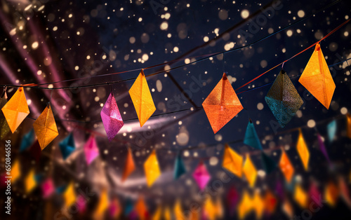 Illustration of colorful flags on strings in light orange style. Cultural colorful flags on background for design art.