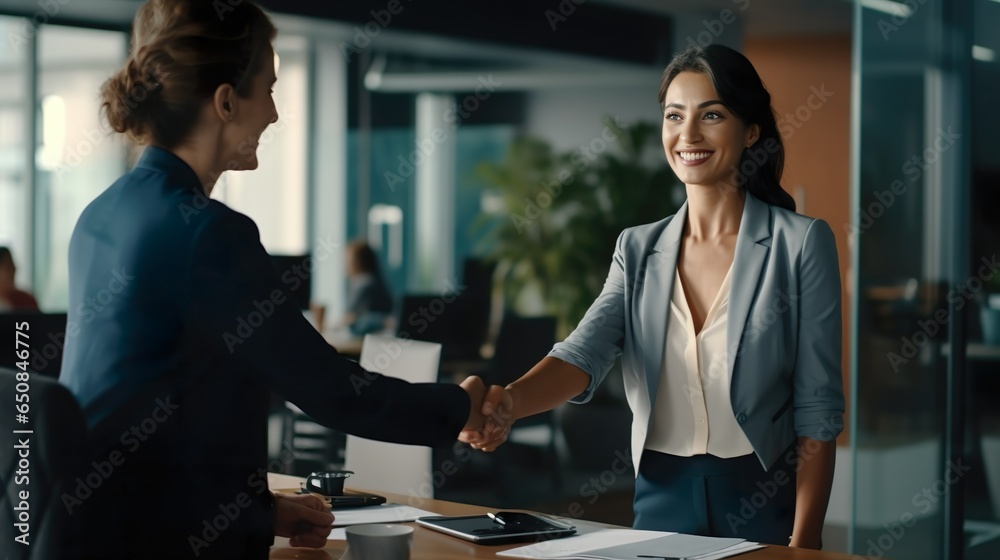 Successful Business Deal: Happy Mid-Aged Businesswoman Handshaking with Client in Office, Job Interview - obrazy, fototapety, plakaty 