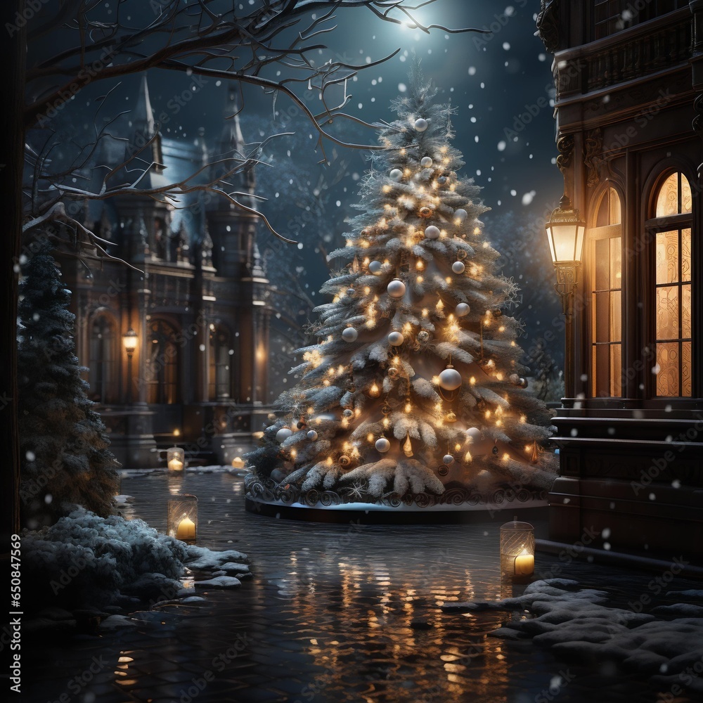 Magical Snowfall: Capture the enchantment of snowflakes falling gently on a beautifully decorated Christmas tree. Magical Snowfall: Capture the enchantment of snowflakes falling gently on a beautifully decorated Christmas tree.