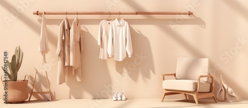 Creative minimalist lifestyle of pastel beige and white clothes hanging outdoors on a rack and chair suitable for social media shopping stores and studios
