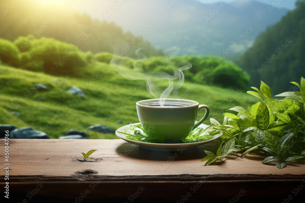 Drinks, leisure, healthy lifestyles and travel concept. Cup of green tea placed on table in tea plantations and mountains landscape background. Sun illumination. Generative AI - obrazy, fototapety, plakaty 